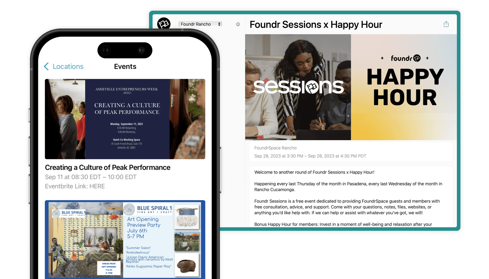 Events on FoundeSpace app developed by Spacebring