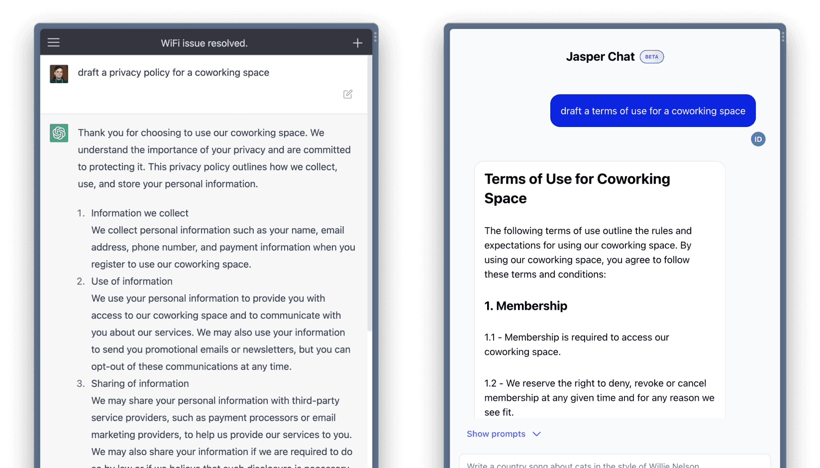 AI generated text for Privacy Policy and Terms of Use for coworking space