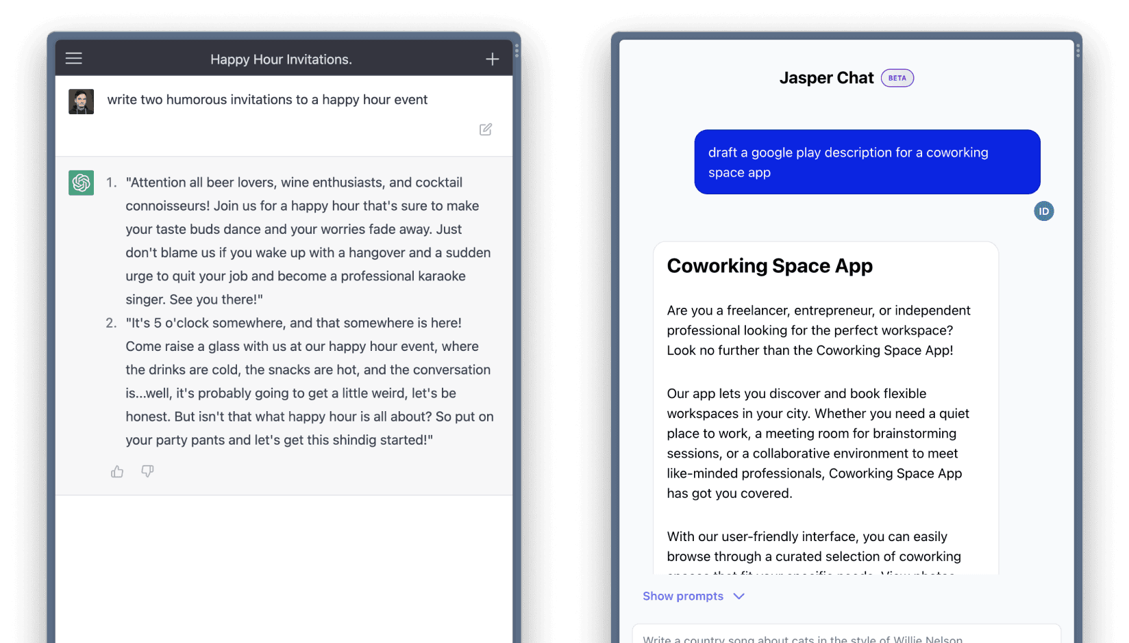 AI generated invitation to a happy hour event at a coworking space and a google play description for a coworking space app
