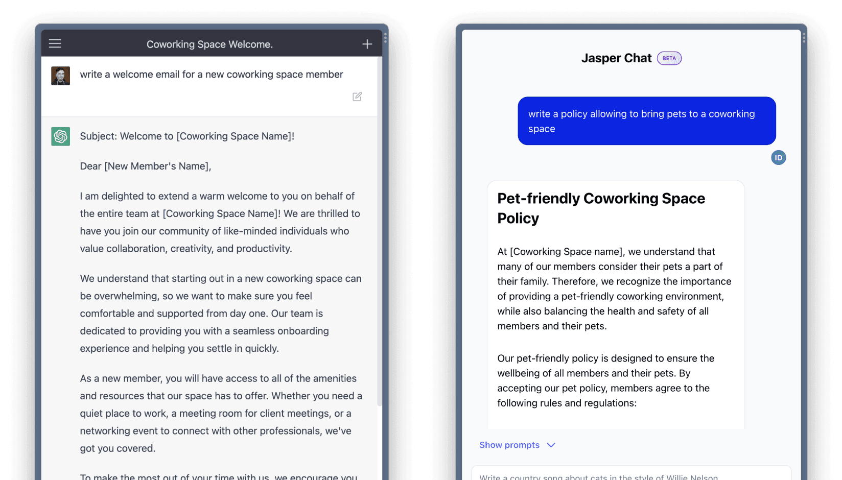 AI generated coworking space welcome email and pet-friendly coworking space policy
