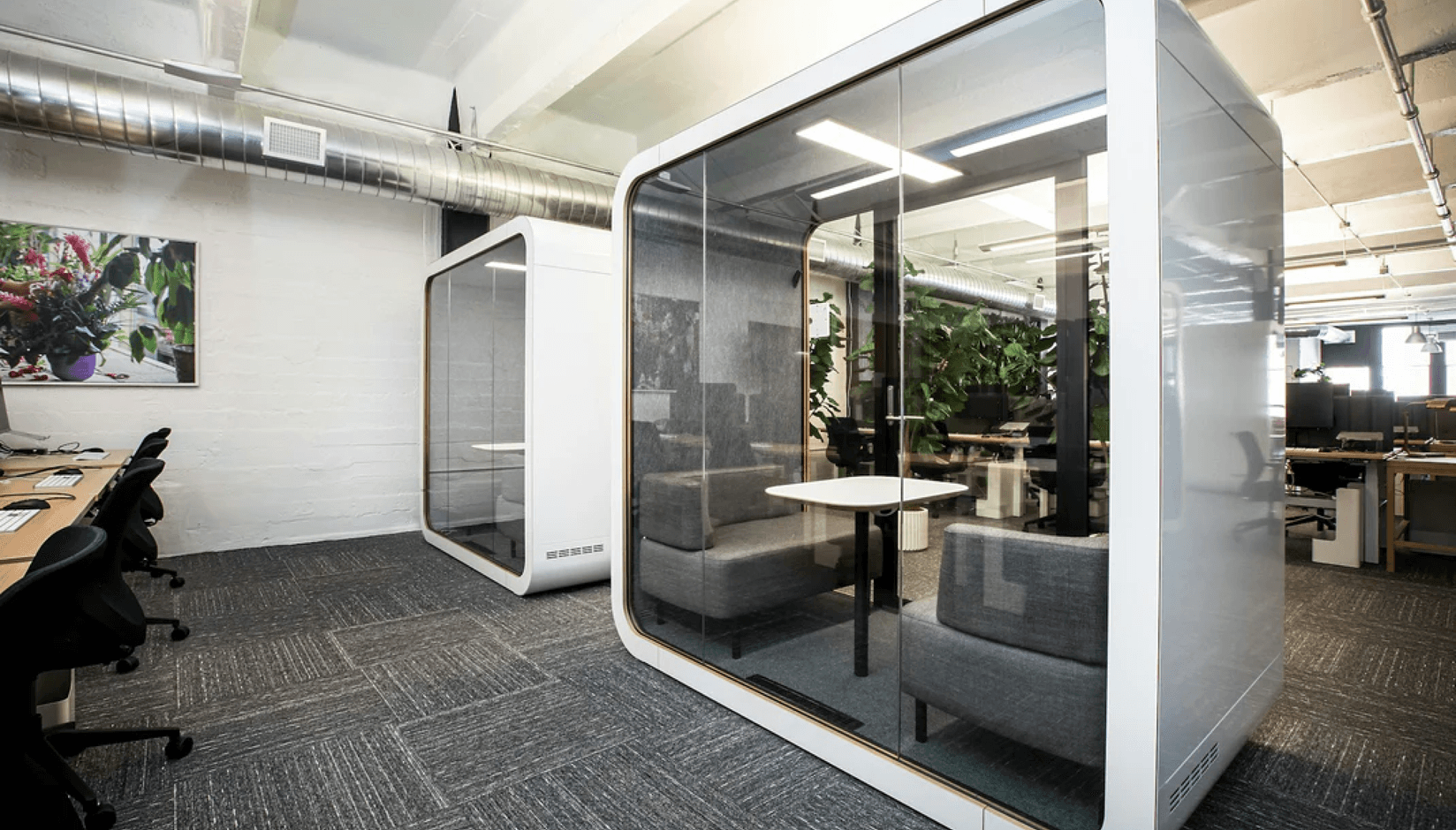 Phone booths at a coworking space