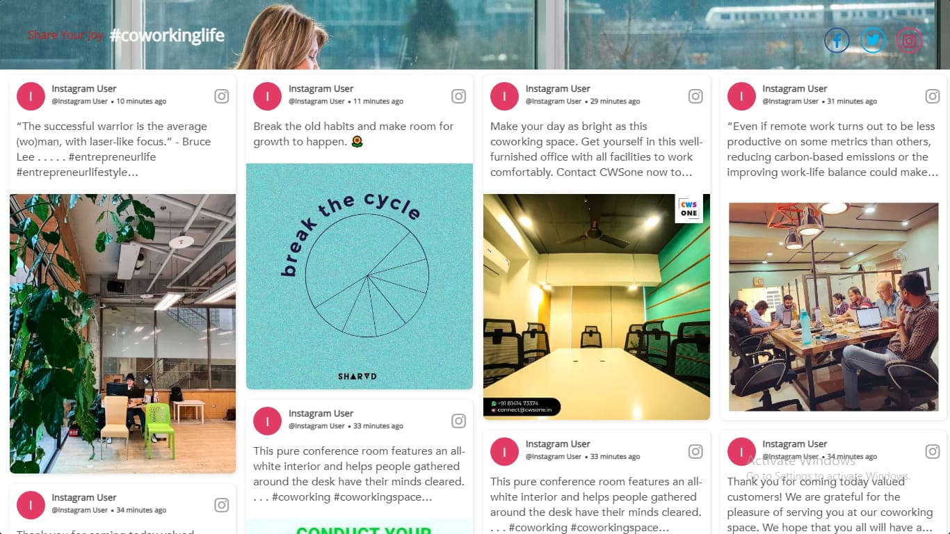 social media wall at a coworking space