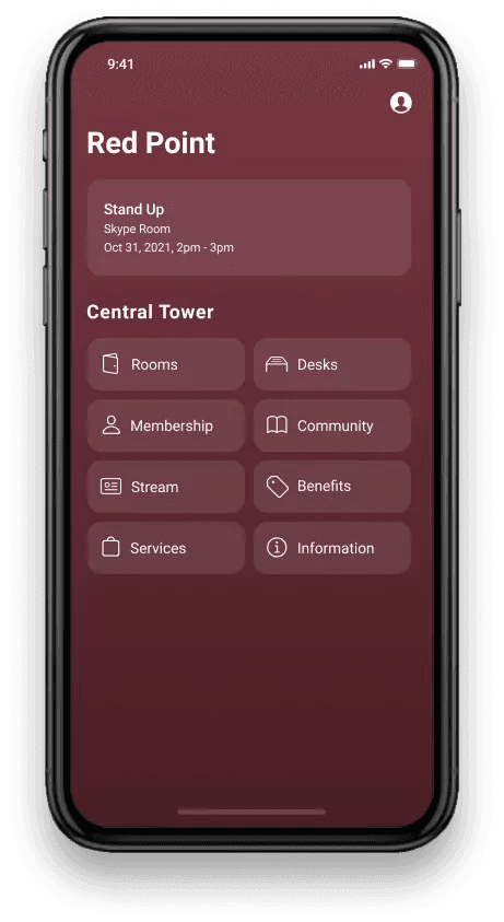 Spacebring coworking space app interface with menu buttons