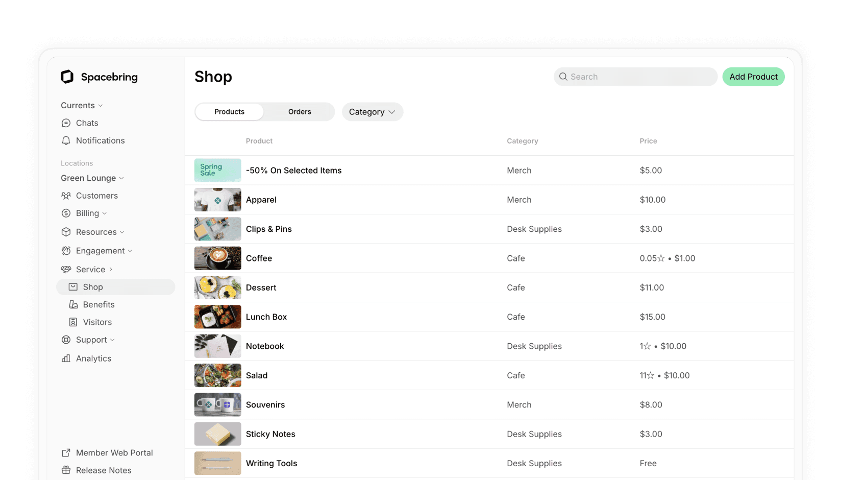 coworking space products sold in the Shop -  Spacebring coworking space management software