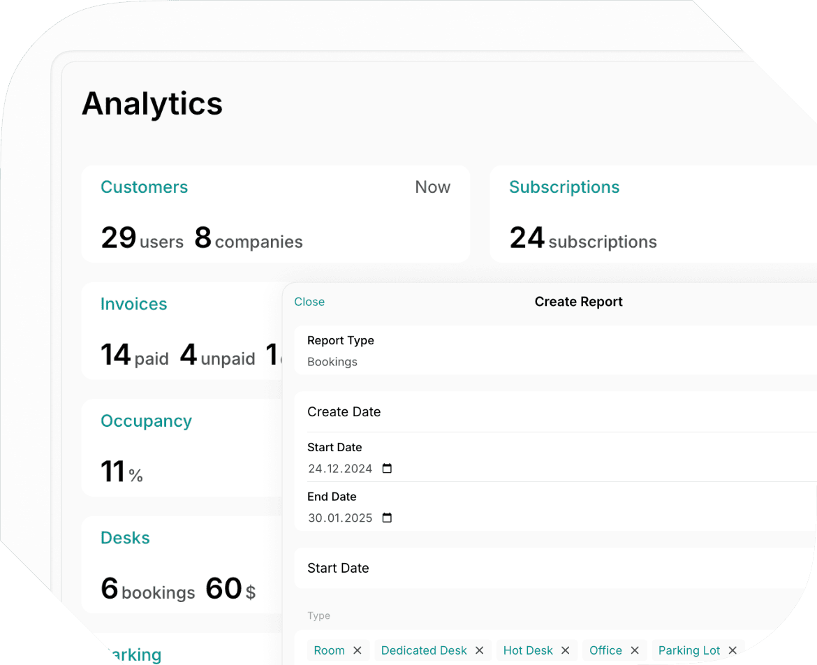 Custom reports on Spacebring coworking space management software analytics 