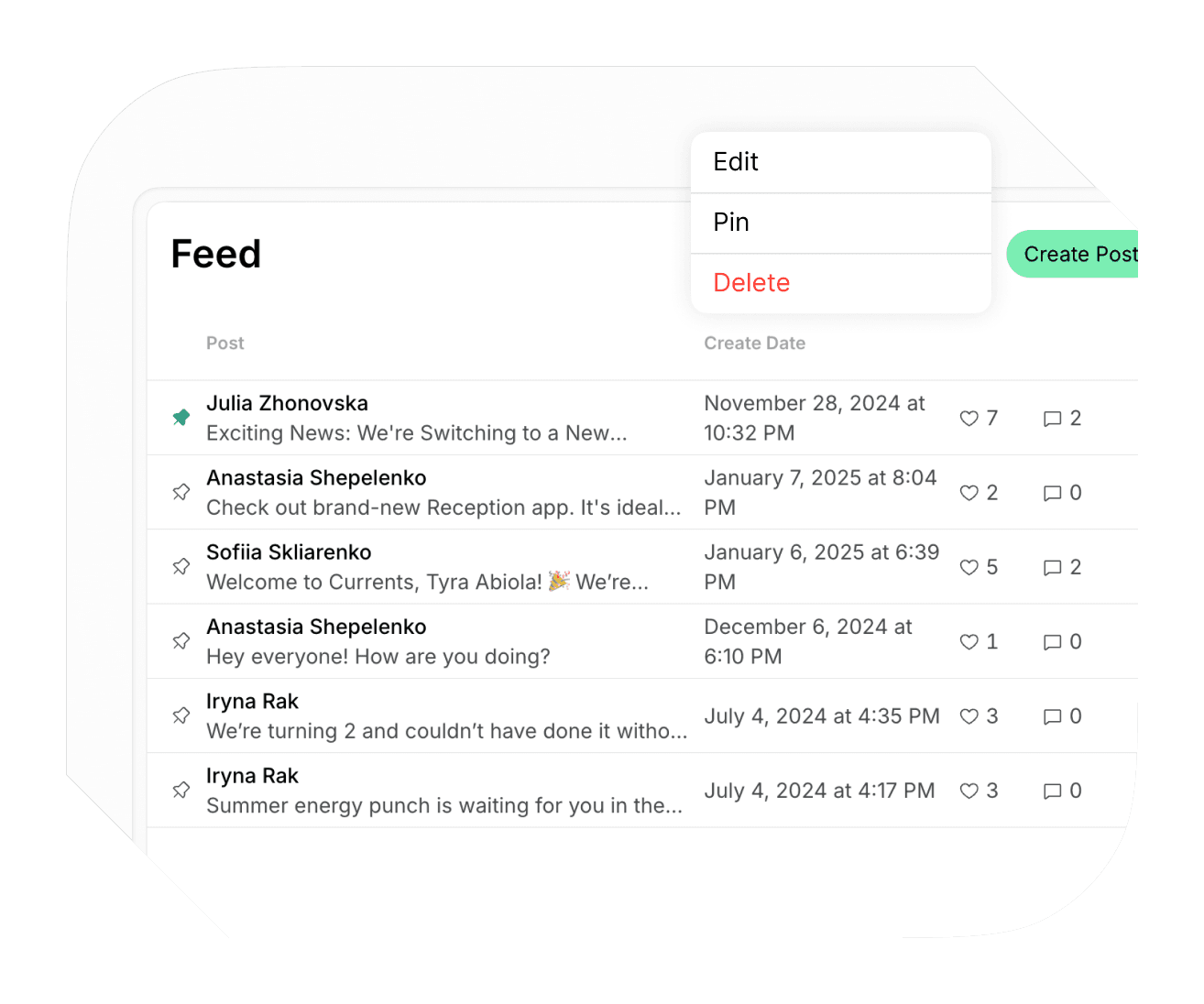 Feed curation on Spacebring coworking space management software
