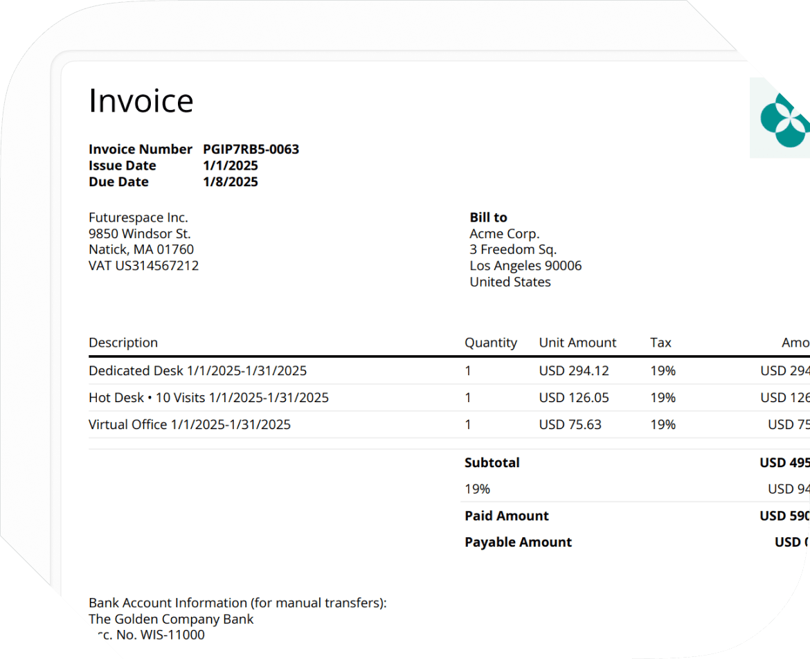 Invoice on Spacebring coworking space management software