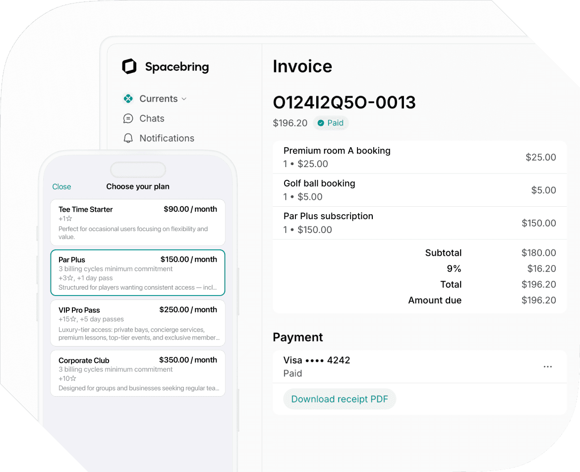 Invoicing in Spacebring golf simulator management software