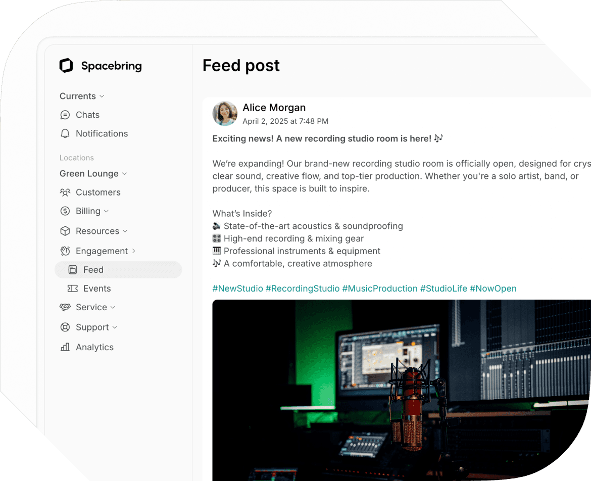 Community engagement platform for recording, rehearsal and podcasting studios
