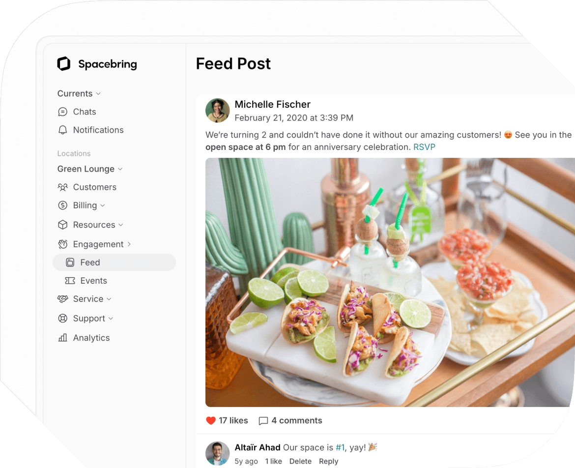Community building tools for shared kitchens in Spacebring Coworking management software