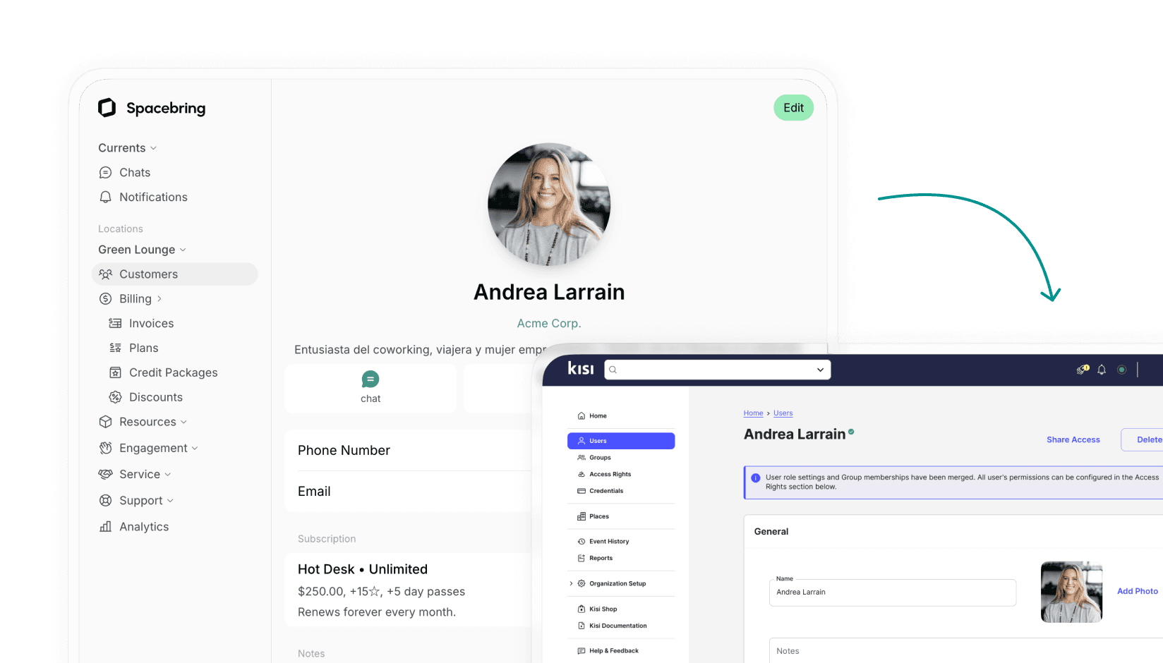 andcards coworking space software integration with Kisi access control solution - members' contacts are synchronized from andcards community to Kisi dashboard