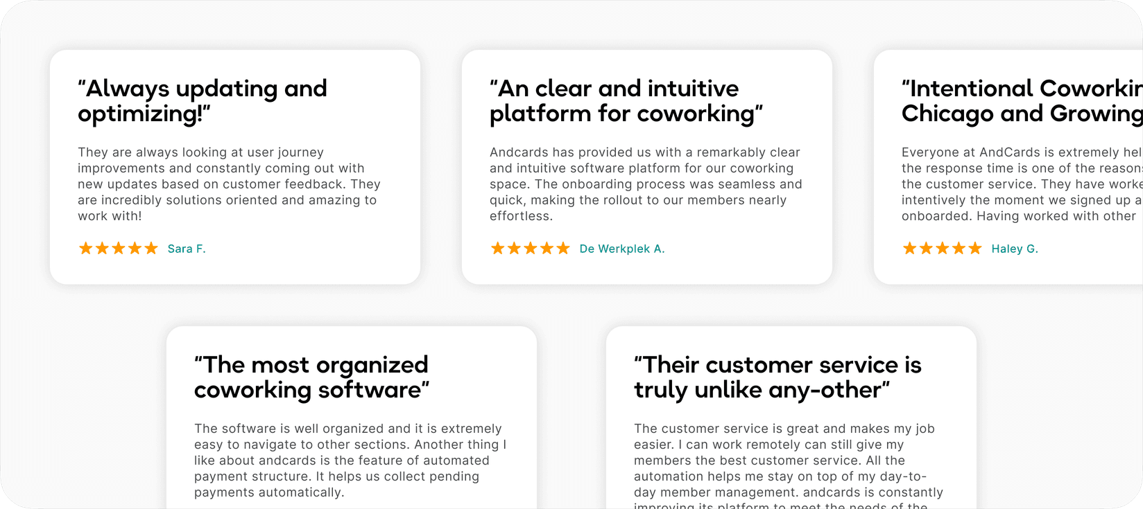 5-star customer reviews of andcards coworking space software on G2