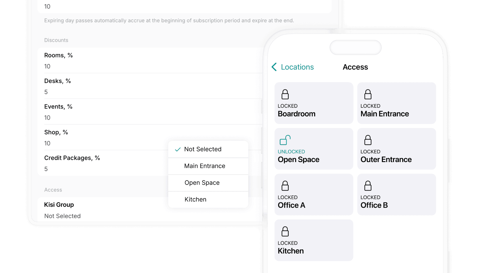 In-app door unlock on Spacebring coworking space management software