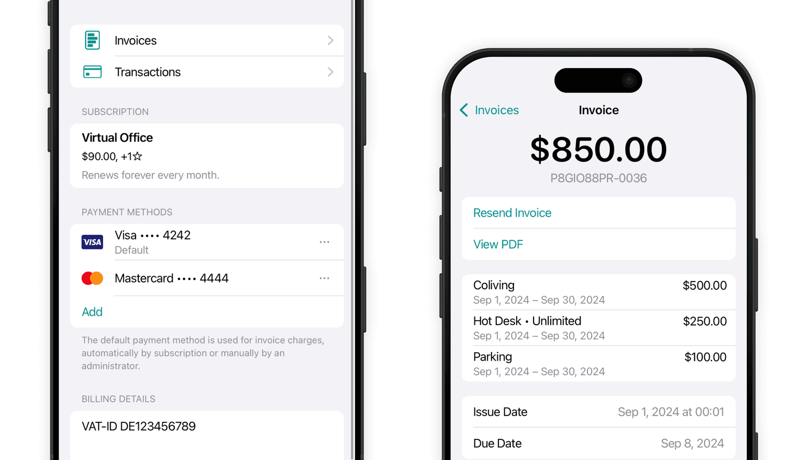 Credit cards saving and automated payments for bills on andcards coworking space software
