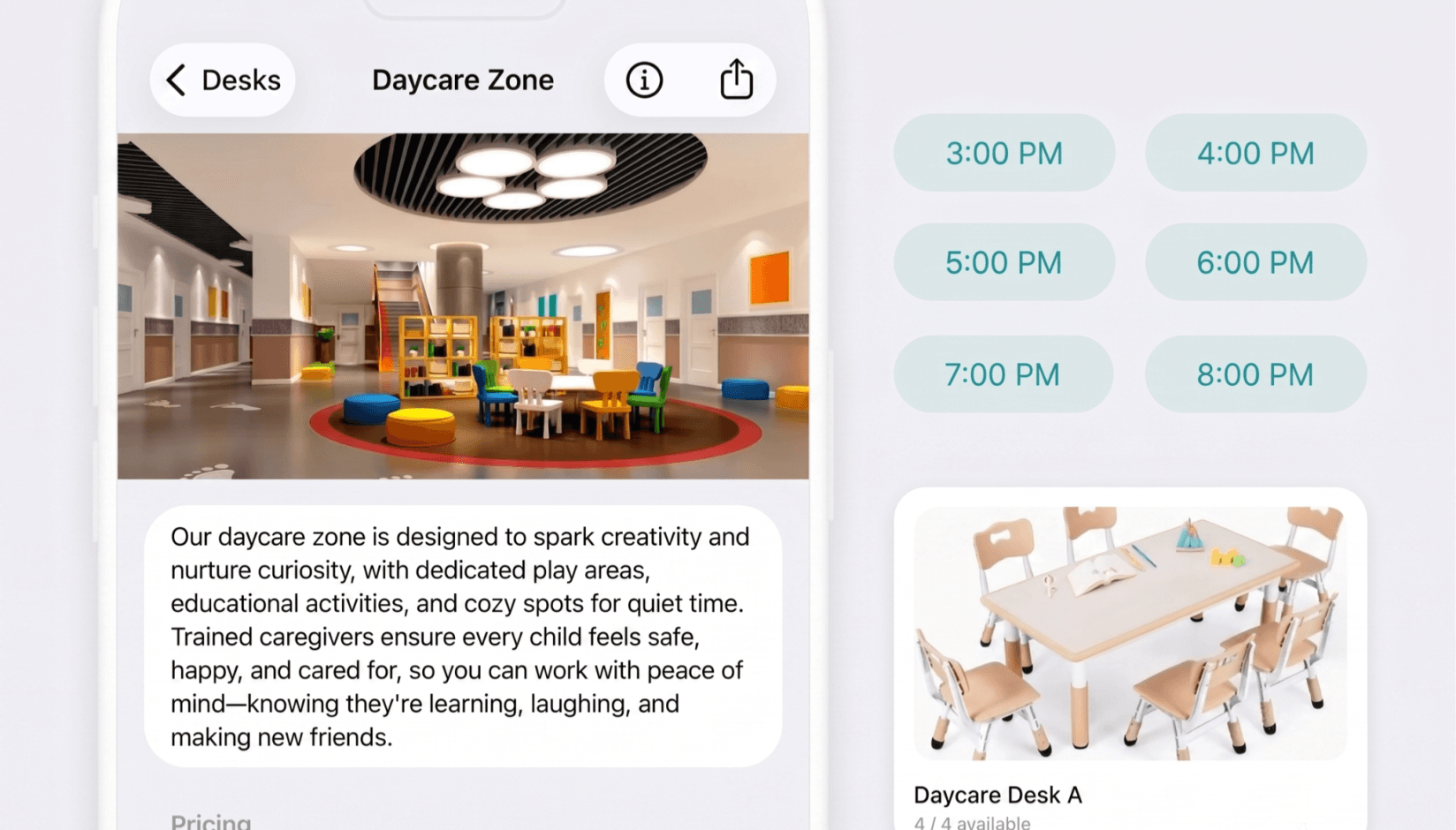 Spacebring mobile app screen showing a daycare zone inside a child-friendly coworking space, with childcare area details, available booking times, and space reservation options for working parents.