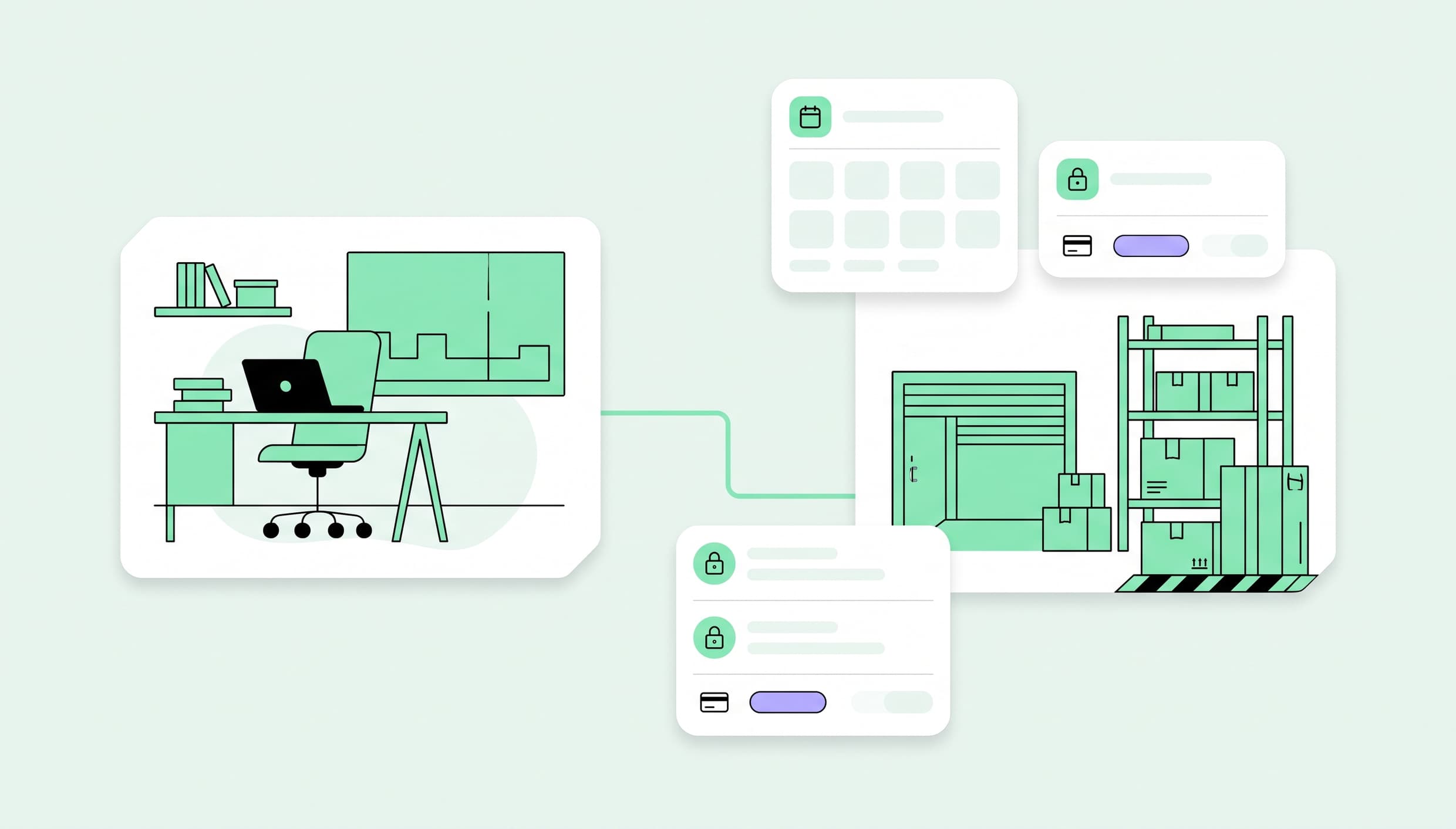 Co-warehousing workspace with secure storage, bookings, member access, and payment management