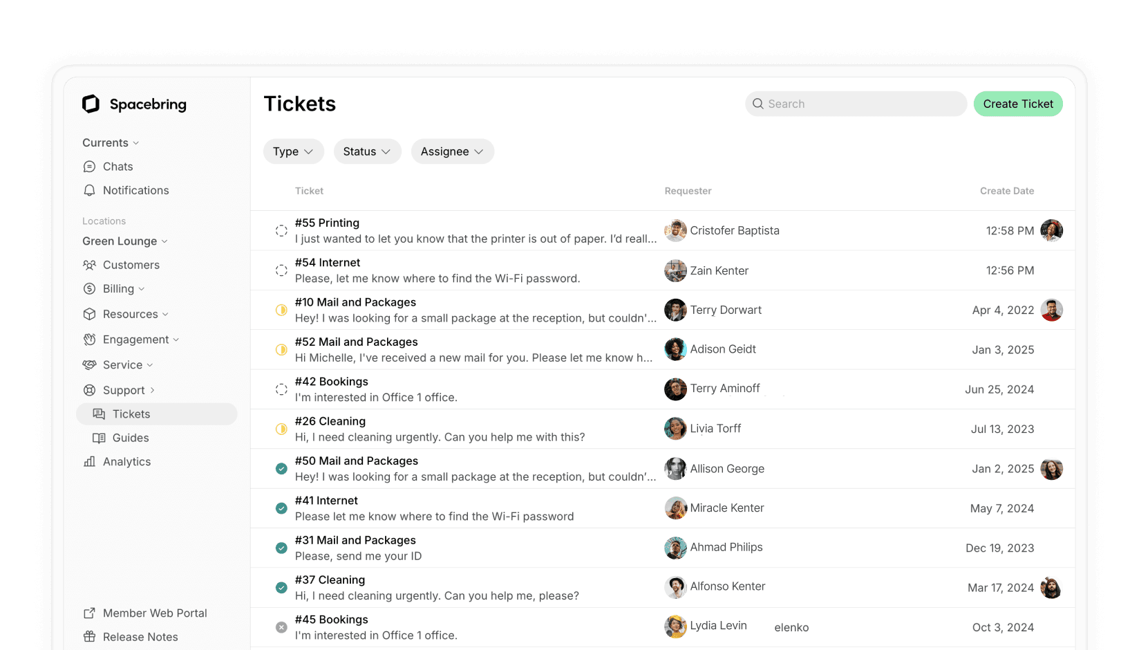 Members support system on Spacebring coworking software