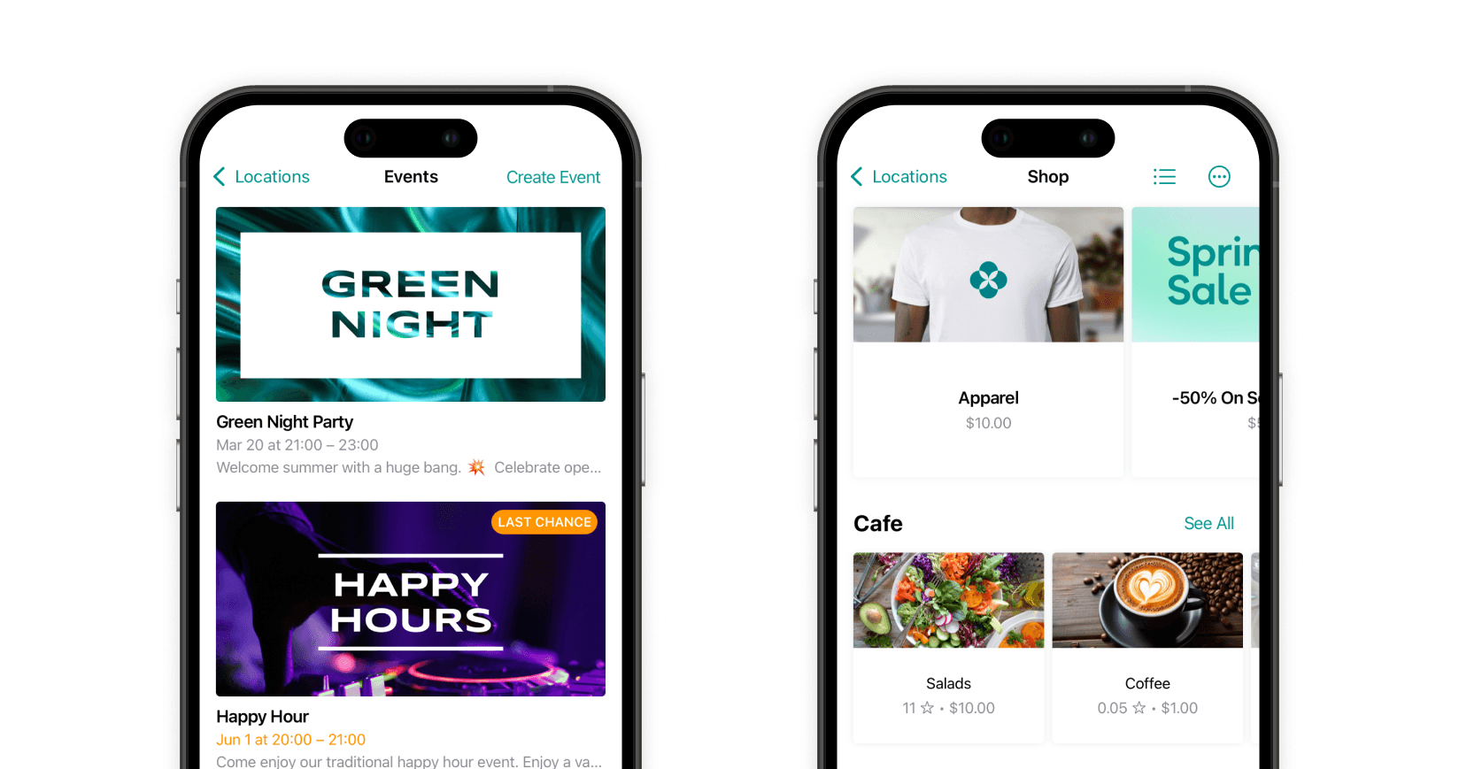Events and shop sections on Spacebring App