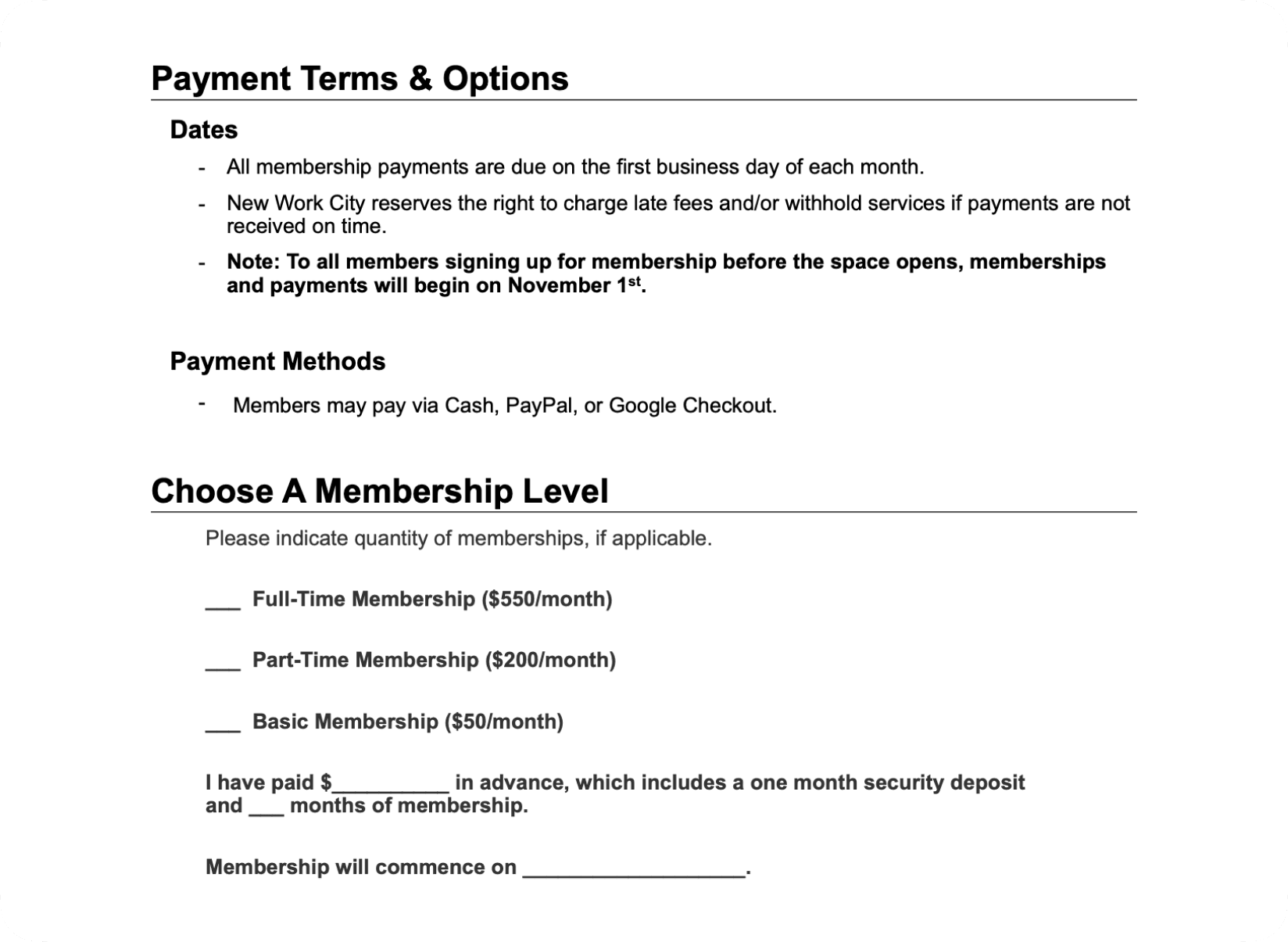 Coworking membership agreement