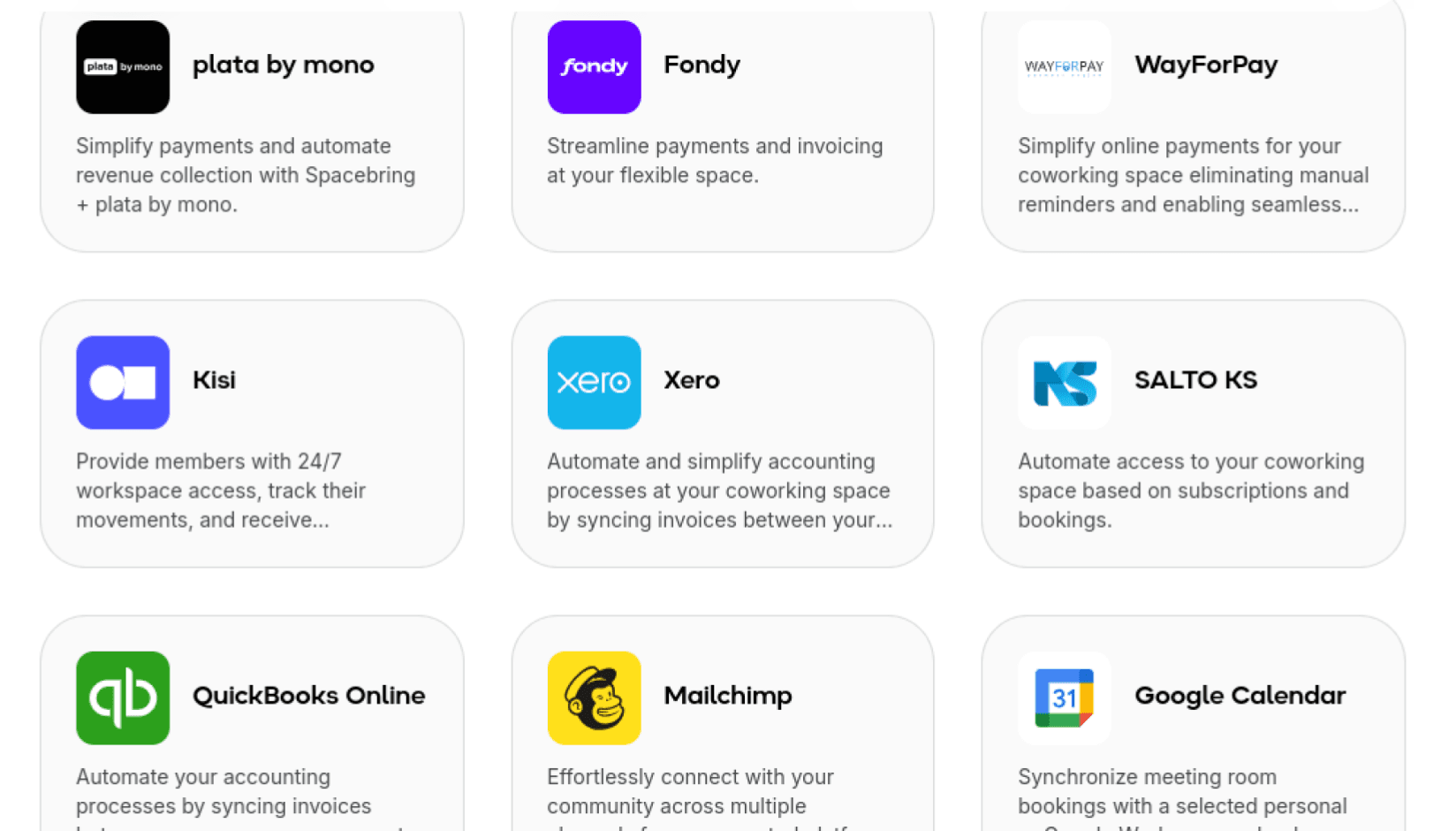 Spacebring coworking space software integrations