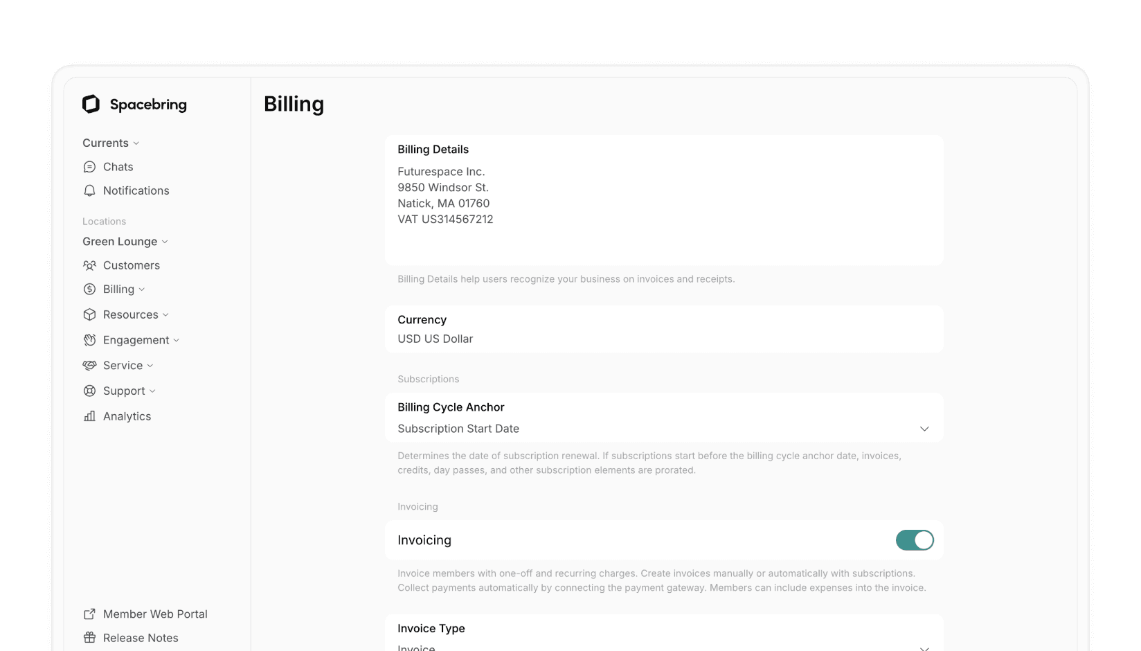Invoicing on Spacebring Coworking space management software