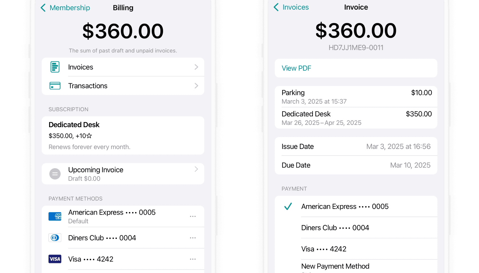 Payments on Spacebring Coworking space management software