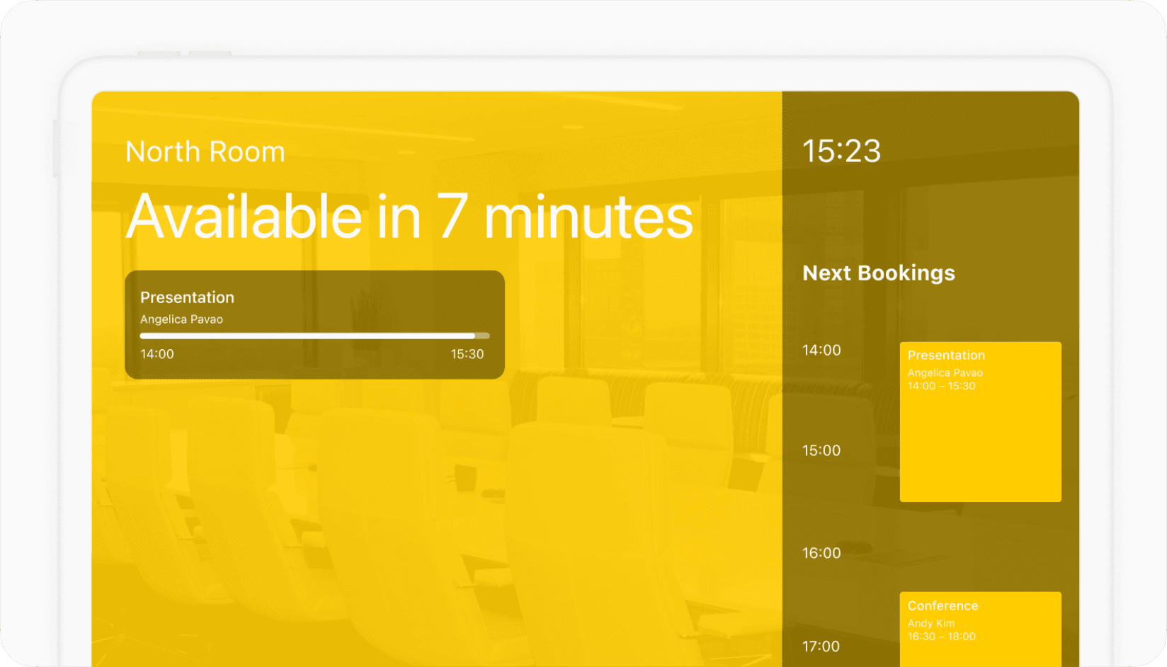 Coworking meeting room booking display showing room availability, schedule, and upcoming reservations for shared workspace management