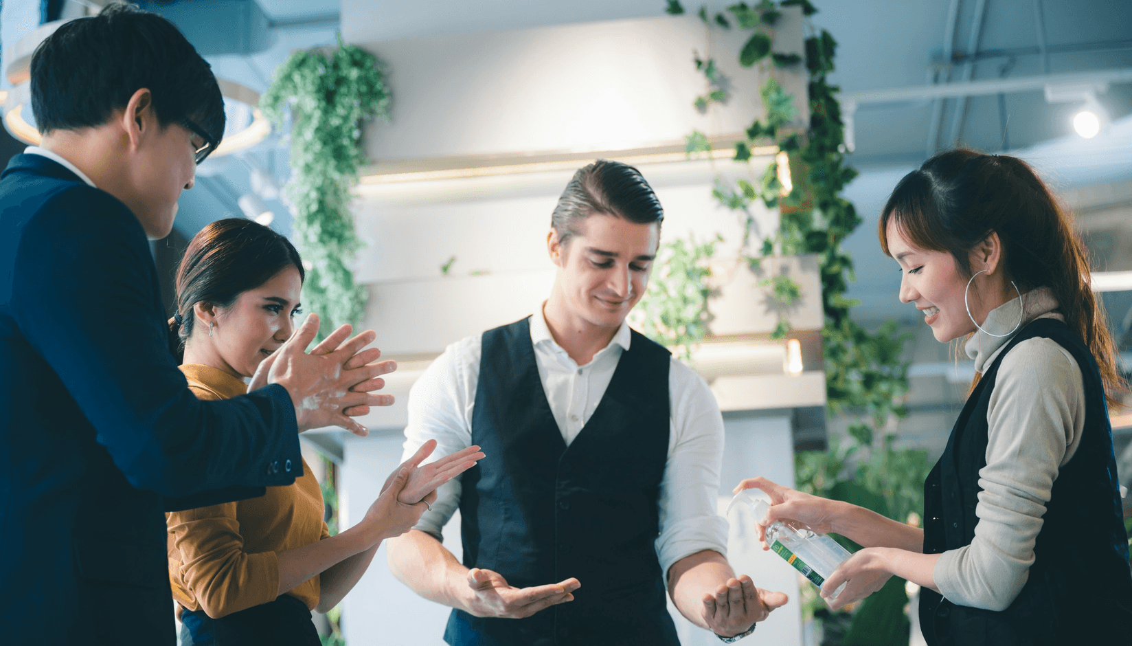 man and woman coworking space members wearing gas masks