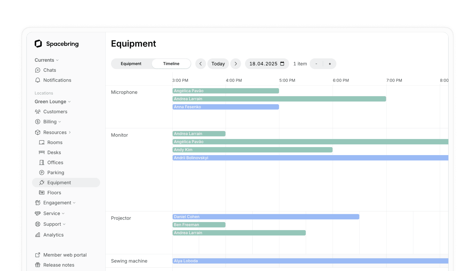 Equipment tracking on Spacebring coworking space management software