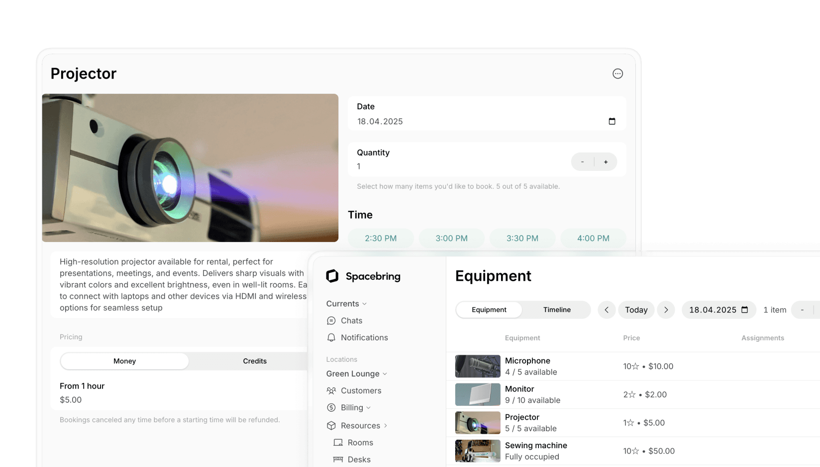 Equipment listing on Spacebring coworking space management software