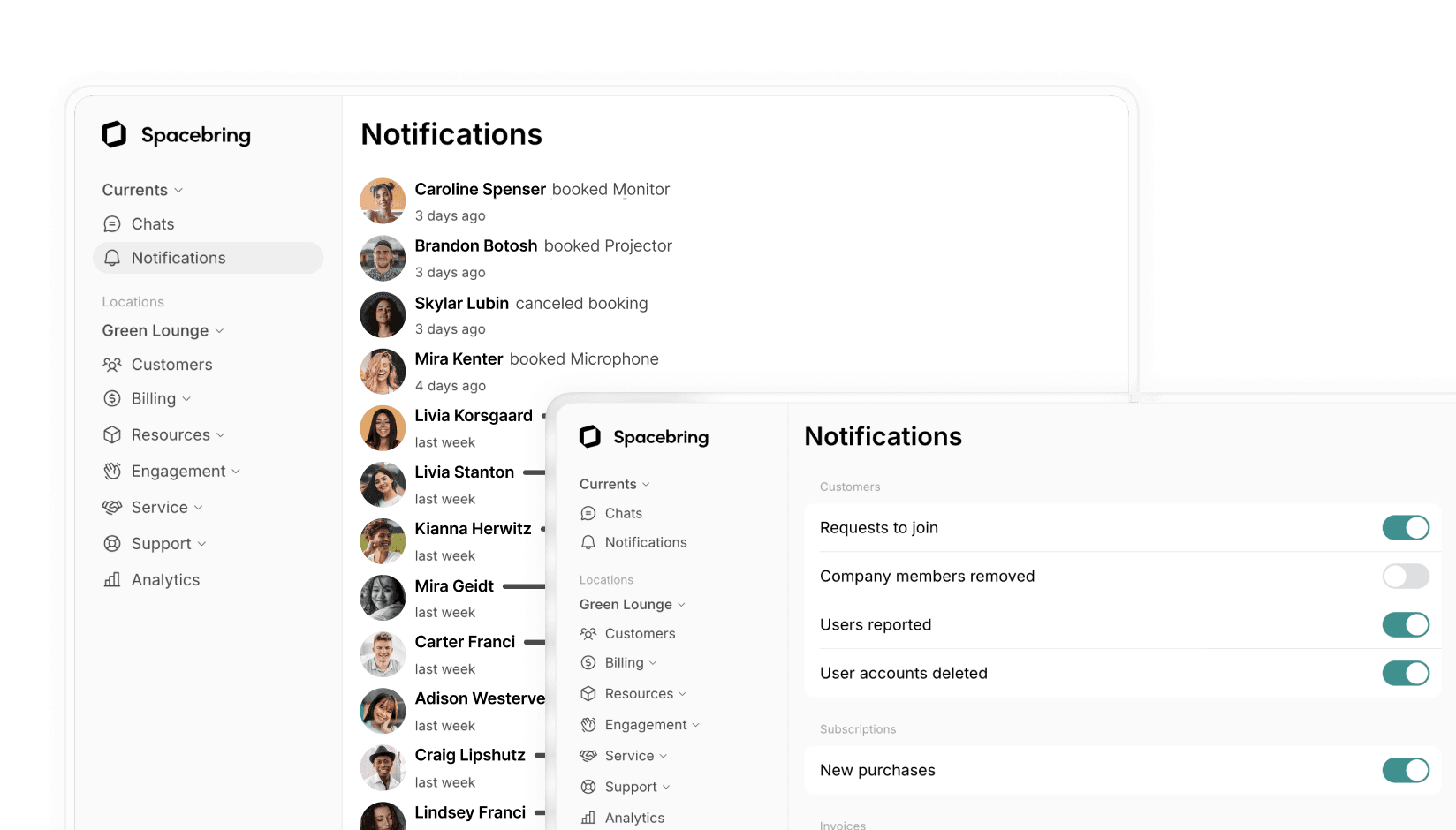 Equipment notifications on Spacebring coworking space management software