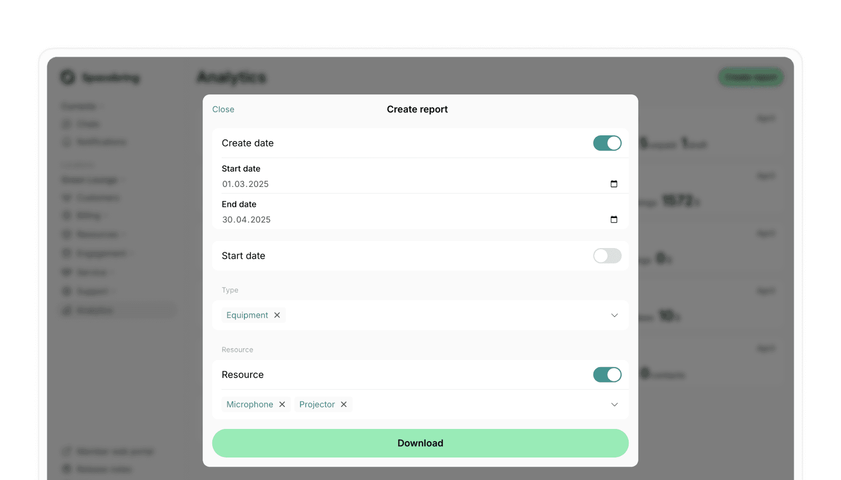 Equipment usage report on Spacebring coworking space management software