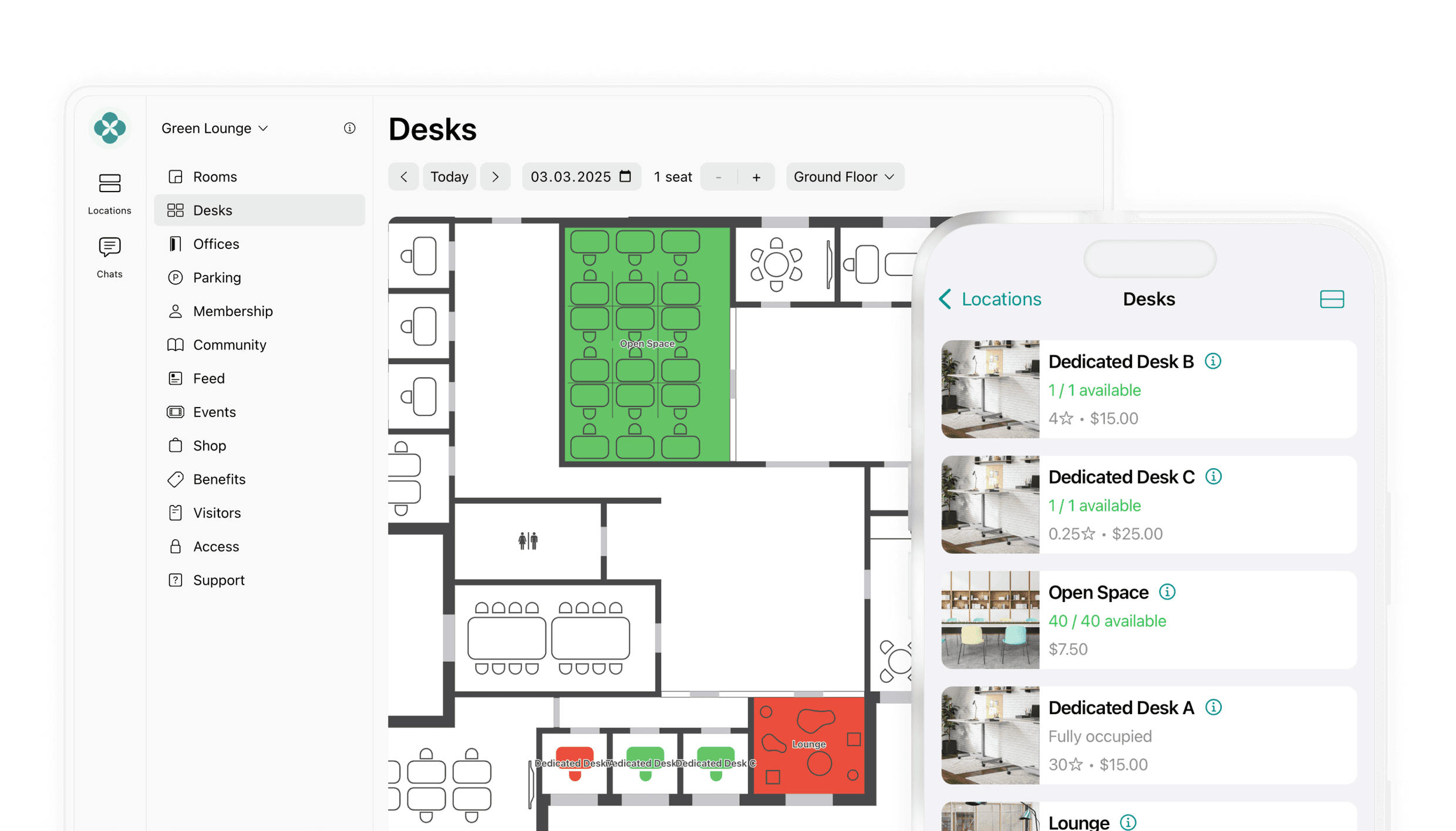 Desk booking system on Spacebring coworking space management software