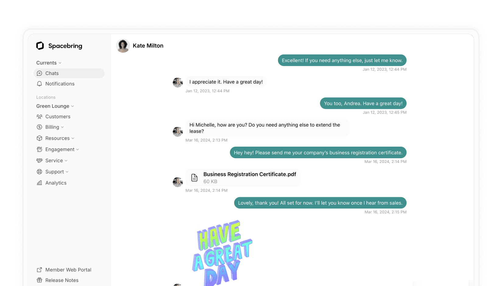 Chats on andcards coworking management software