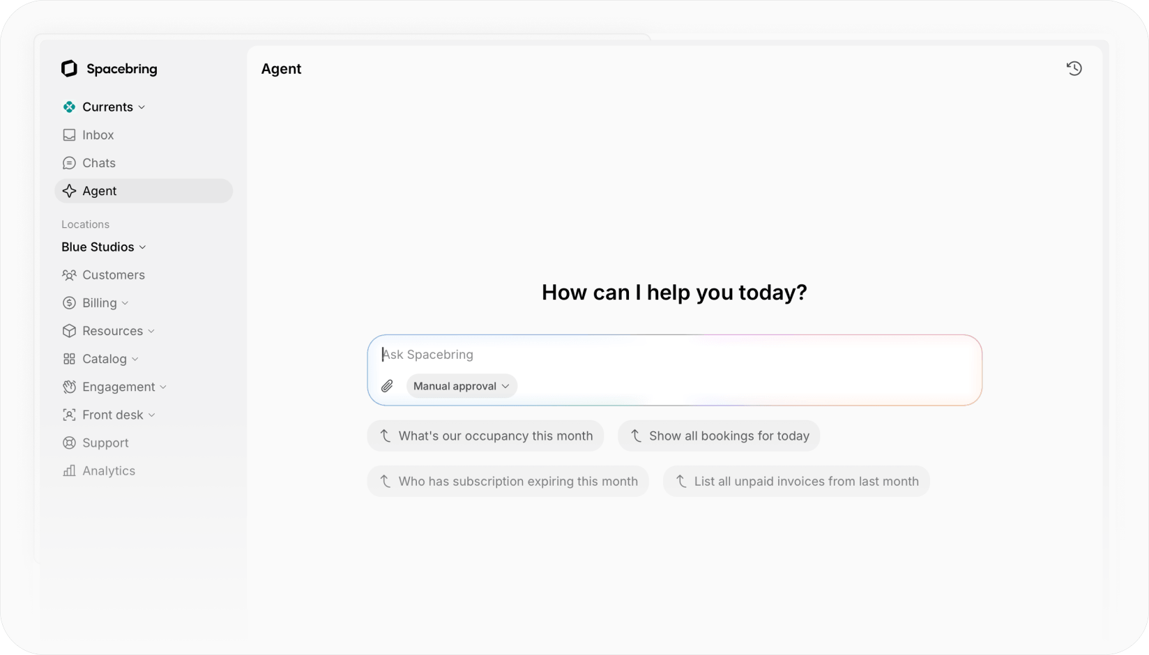Spacebring Agent in the admin web portal with suggested questions and the manual approval setting