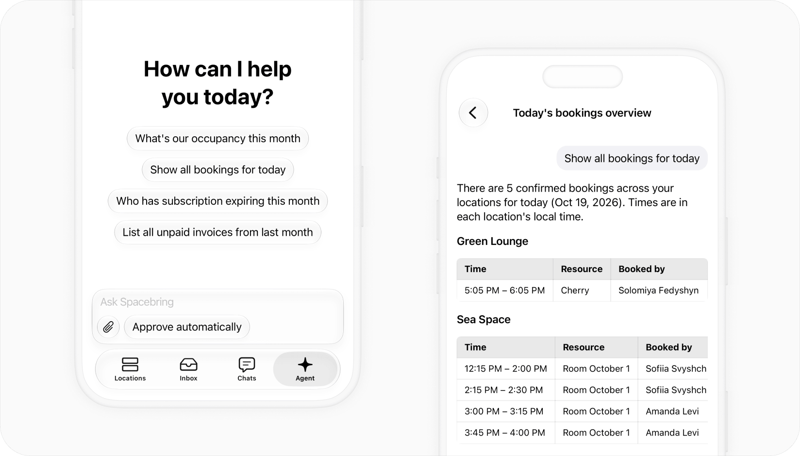 Spacebring Agent in the admin mobile app, listing today's bookings across locations