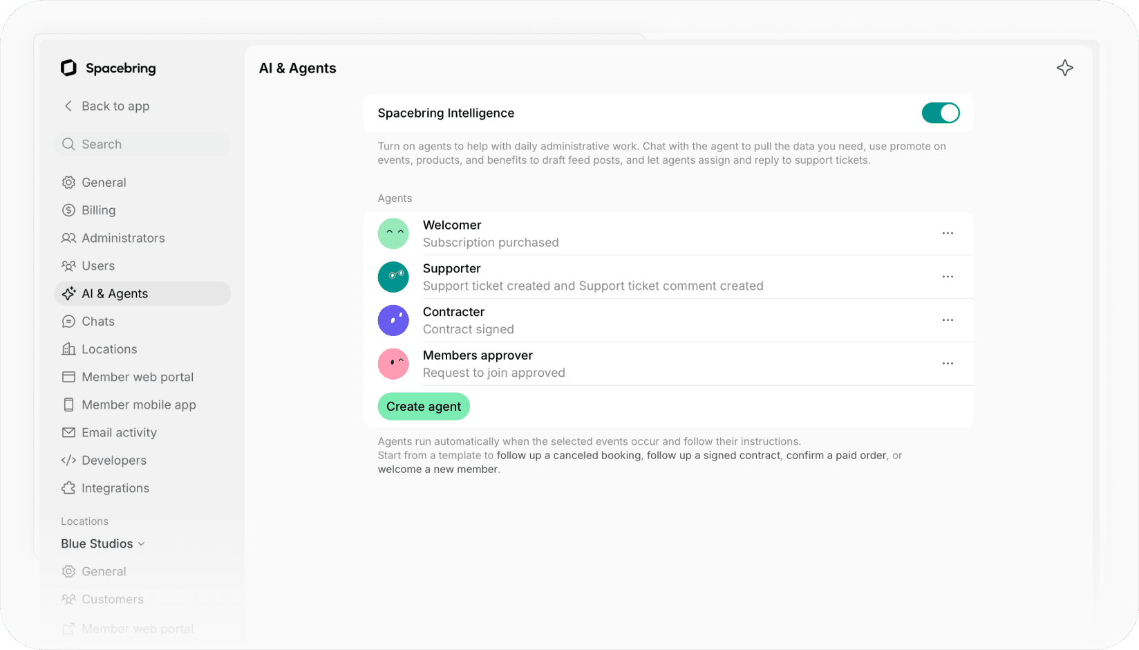 Agents in the Spacebring AI & Agents settings, each with its trigger, and the Create agent button