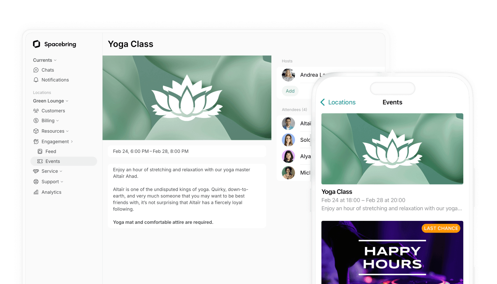 Events management system for yoga studios developed by Spacebring