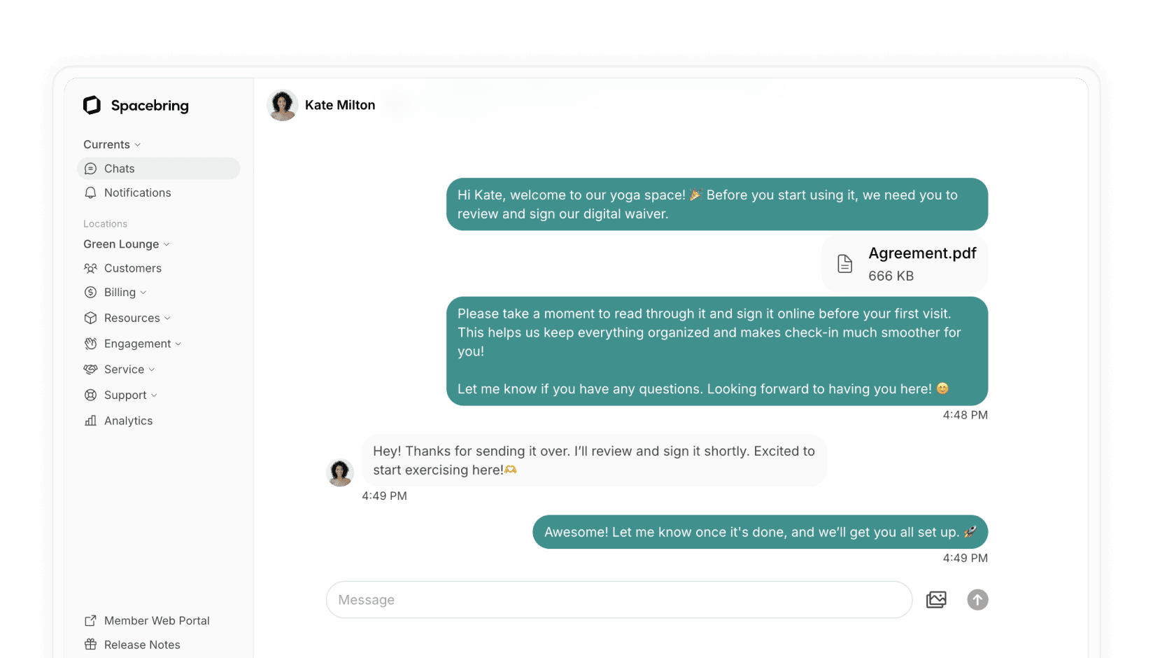 Signing digital documents in Chat on Spacebring coworking space management software