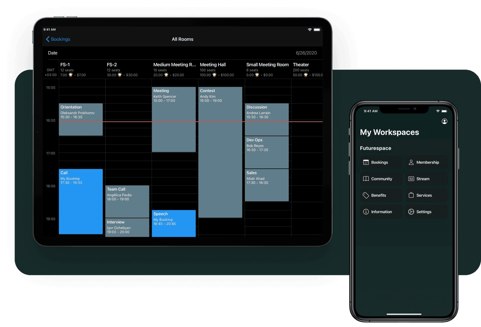 Spacebring coworking space management software menu on a smartphone and coworking space booking system on a tablet