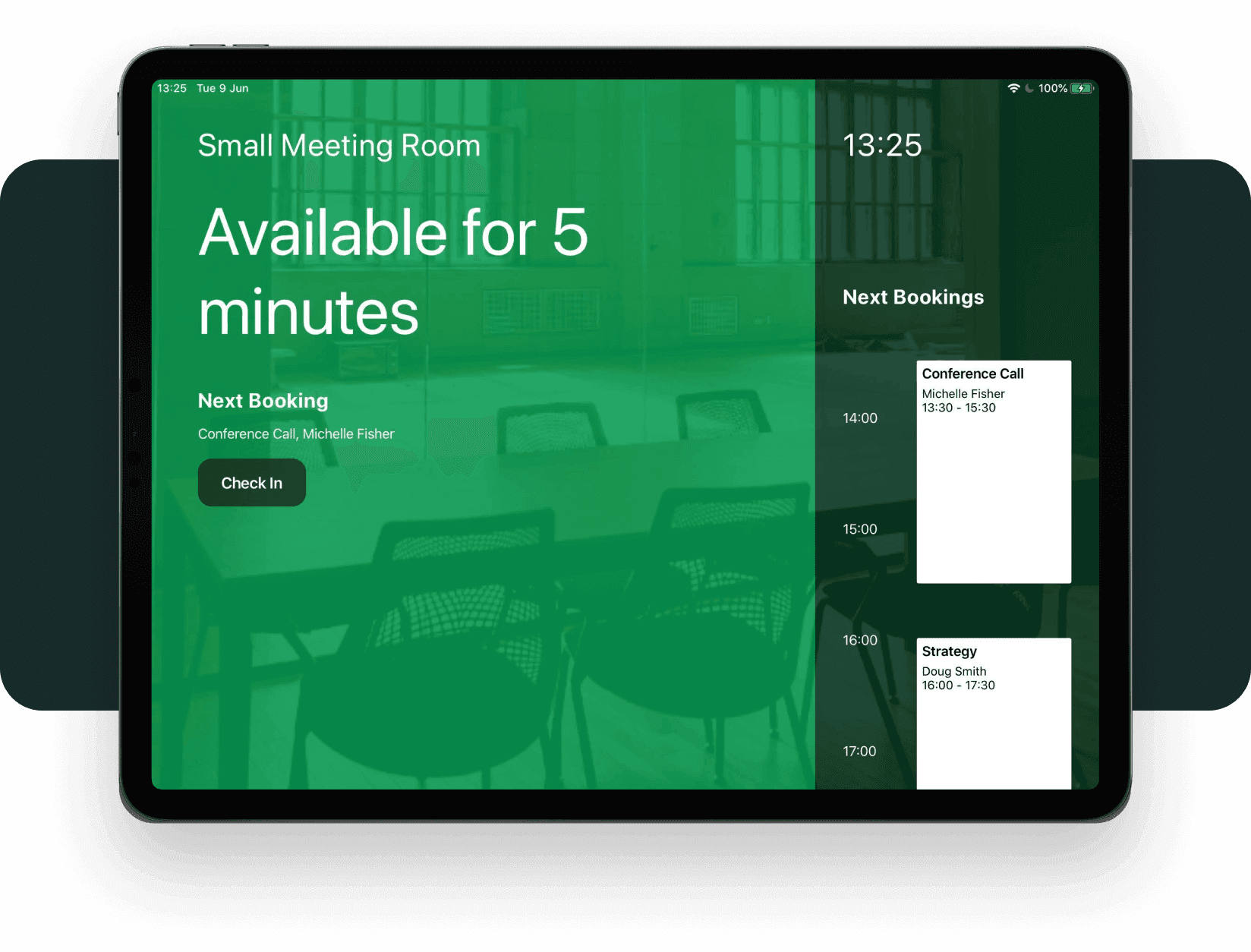 Spacebring meeting room display for coworking spaces with check-in button