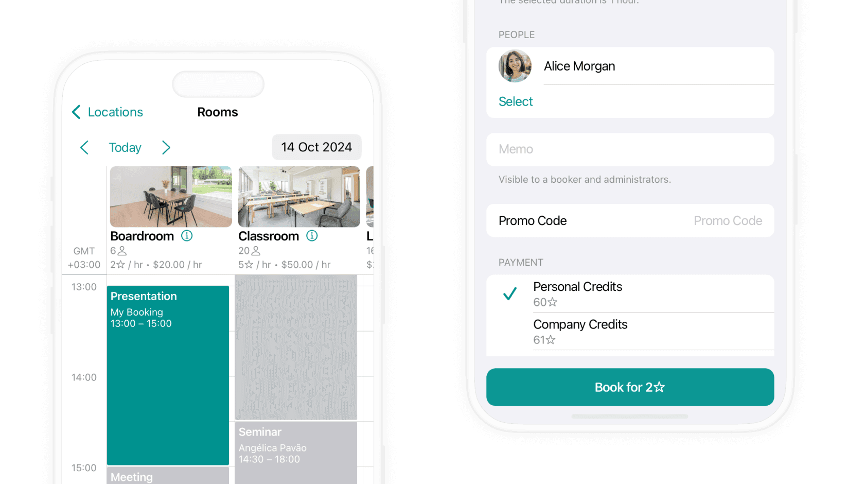 personal and company meeting room booking credits - Spacebring coworking space management software