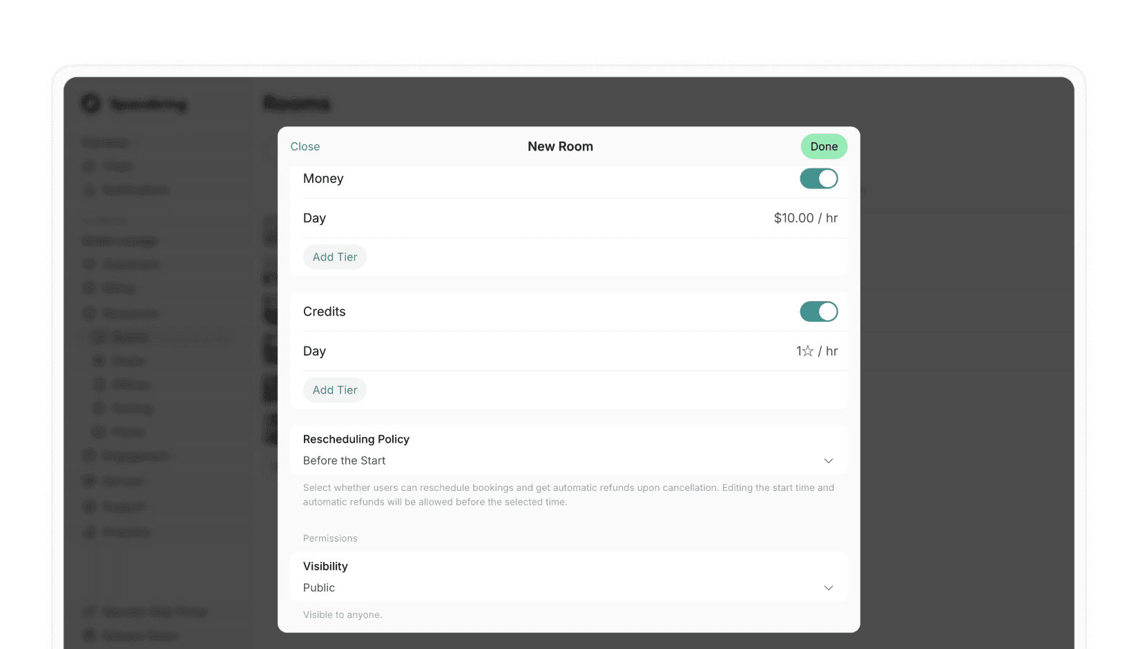 meeting room booking credits as a payment method on Spacebring coworking space app