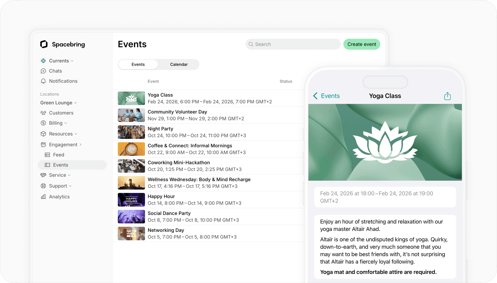 Events management system on Spacebring coworking space management platform