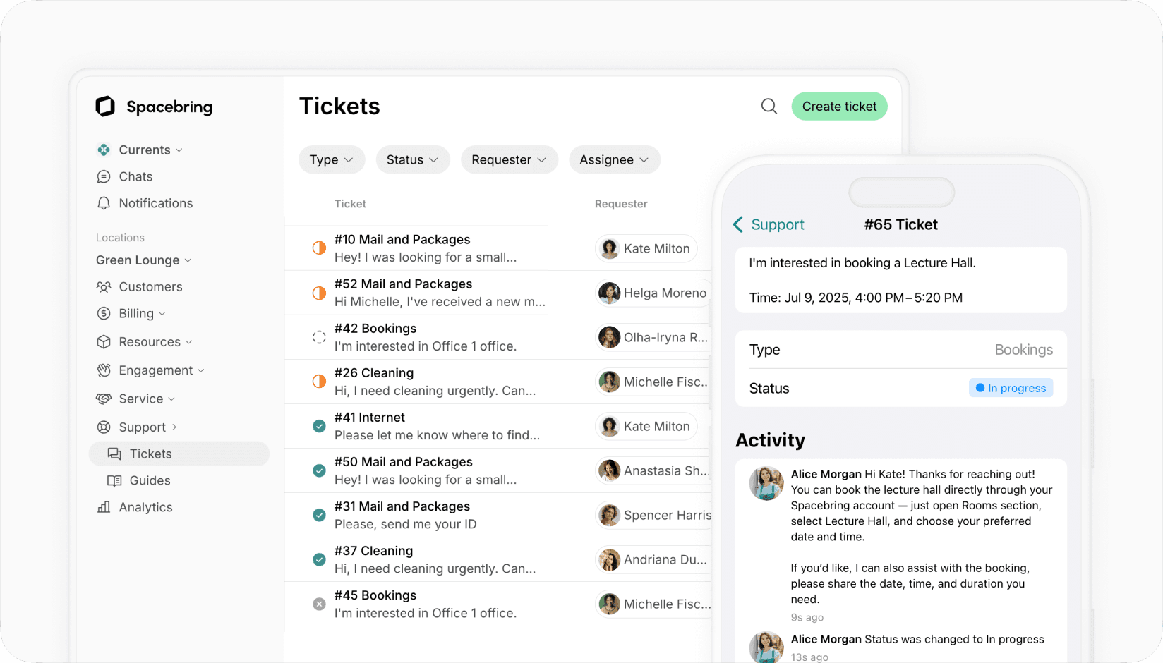 Member support system on Spacebring coworking space managemnt app