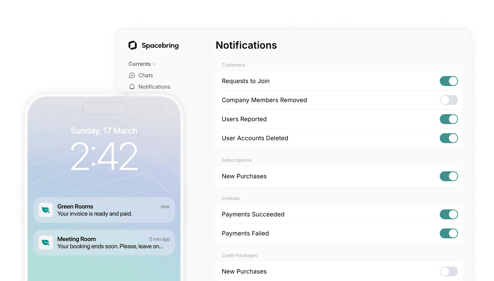 Notifications center on andcards coworking space platform