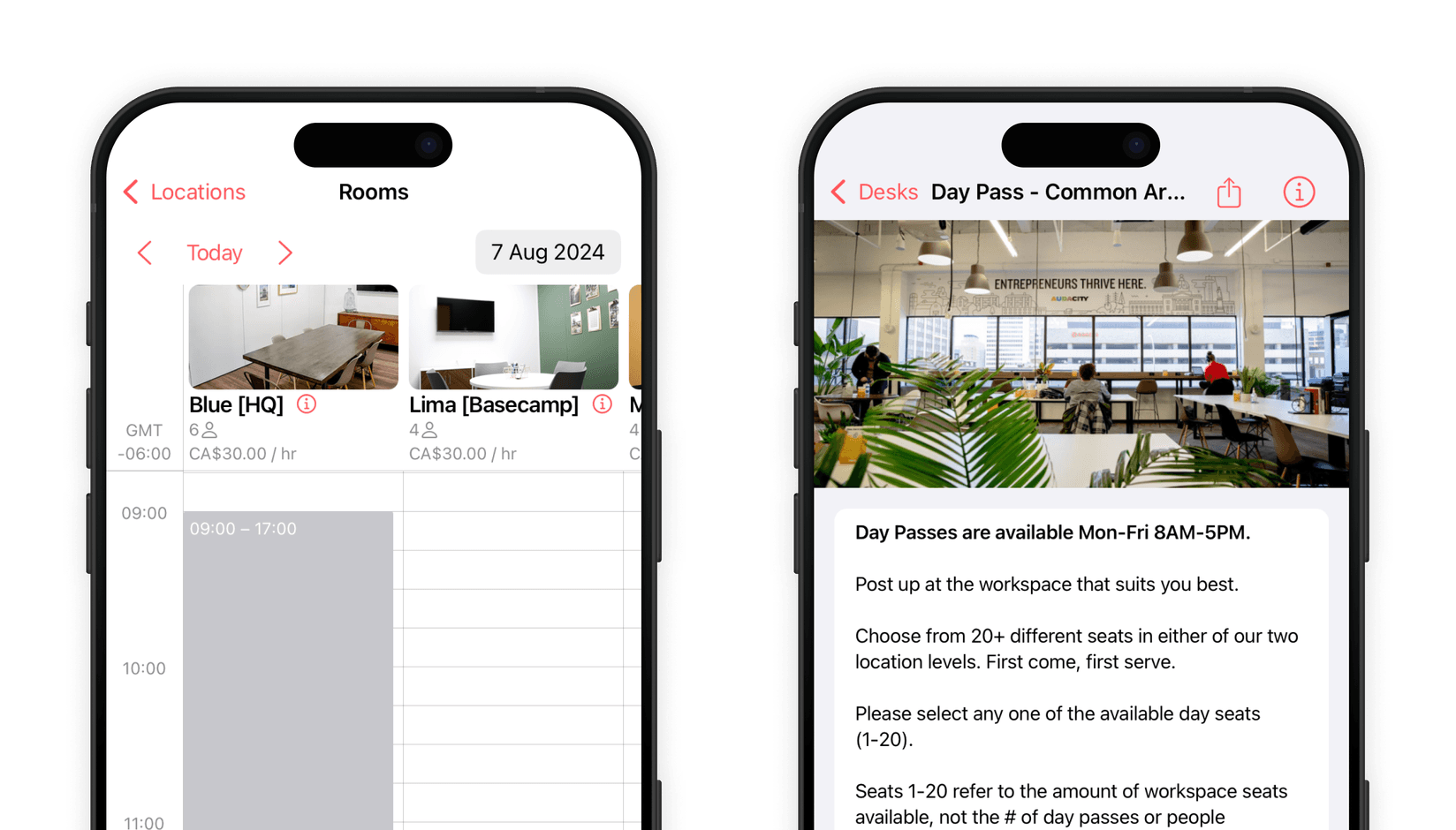 Spacebring coworking space software: app interface, desk and room booking system