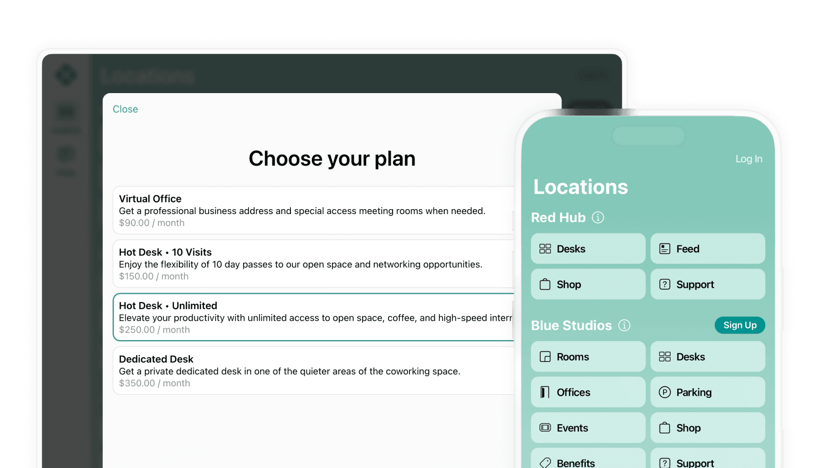 Sign up for plans on andcards coworking space software