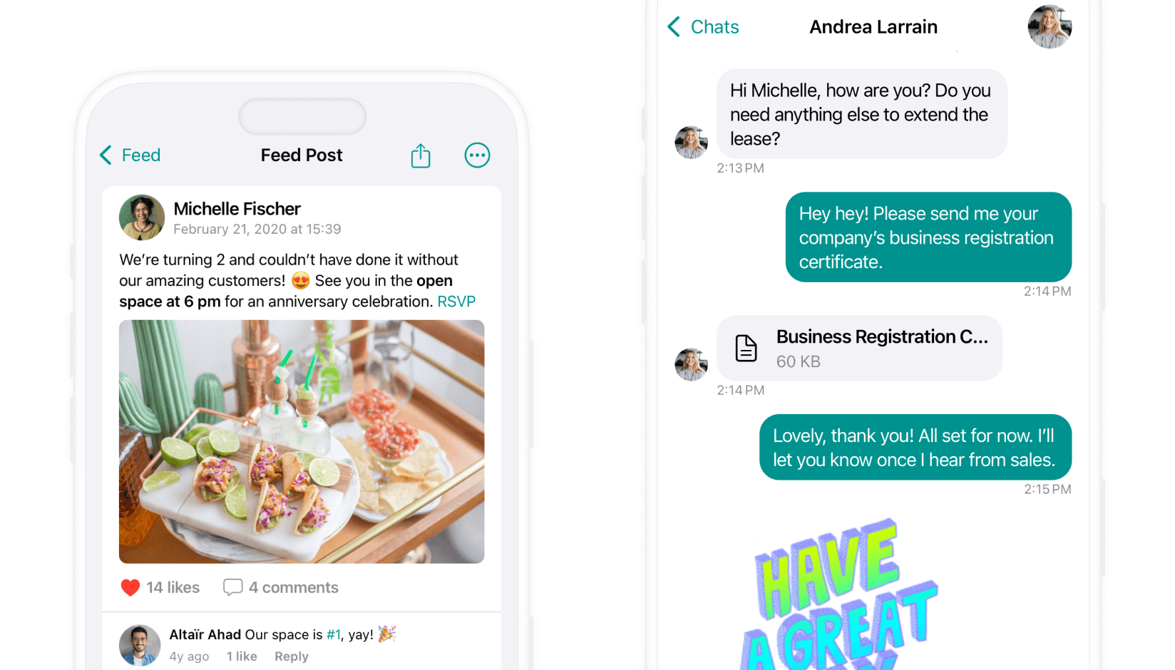 Feed and Chat for flex spaces developed by Spacebring coworking space management software