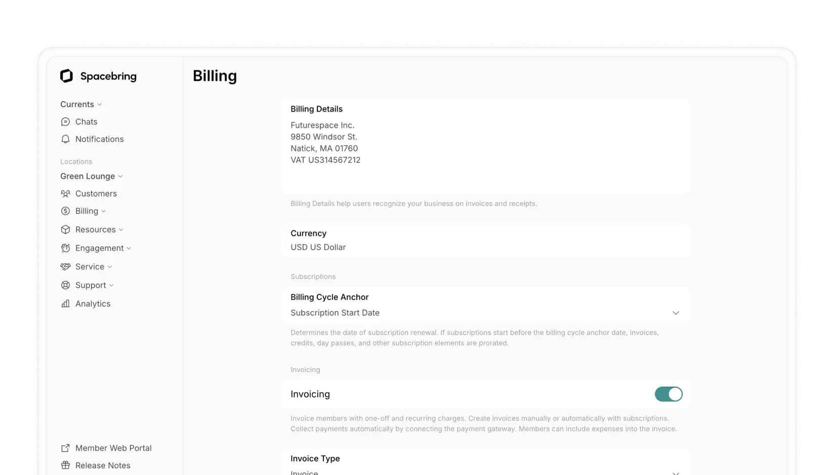 Billing on Spacebring coworking space management software